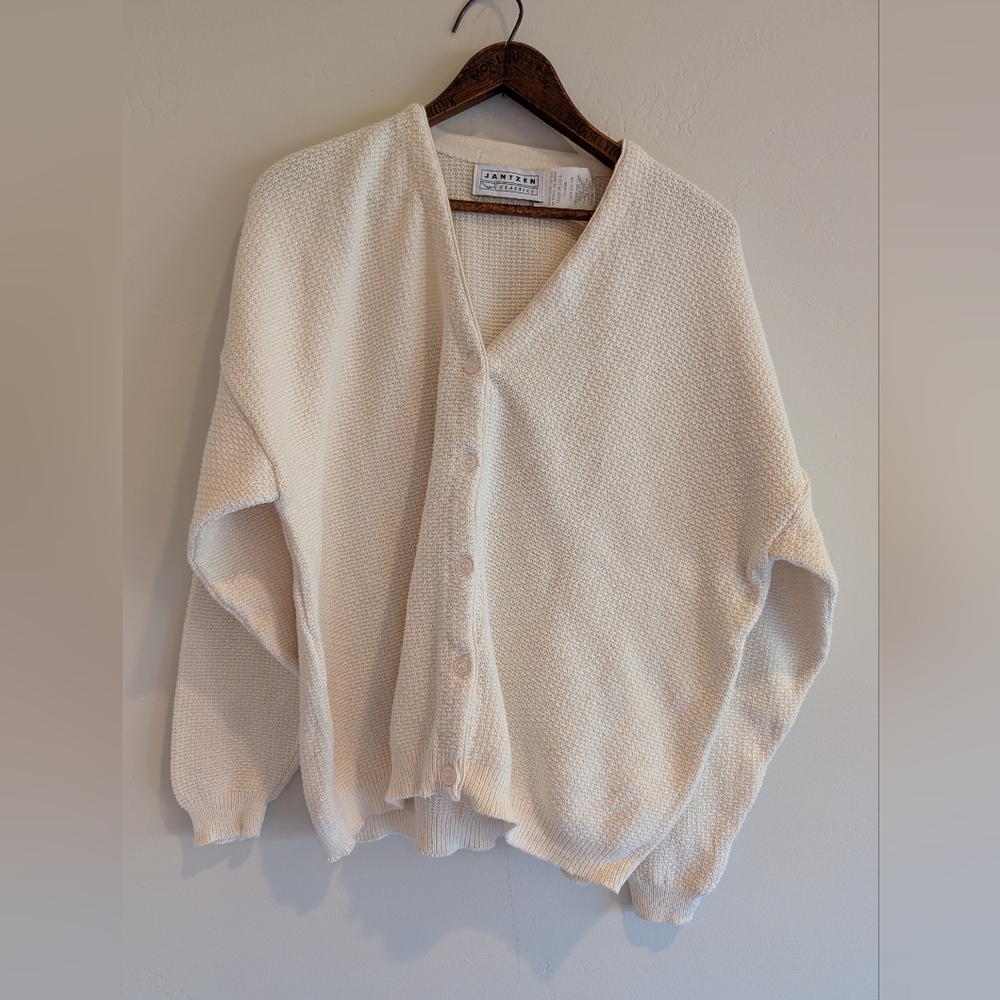 Vintage Jantzen 100%Cotton Seed Stich Cardigan Ivory Ecru Women's XL